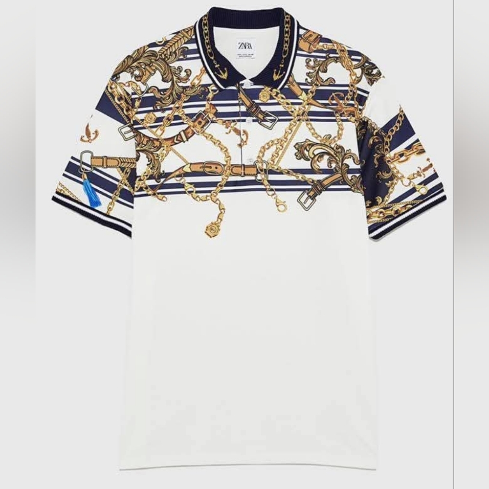 Zara Navy and Gold Chain Pattern Shirt